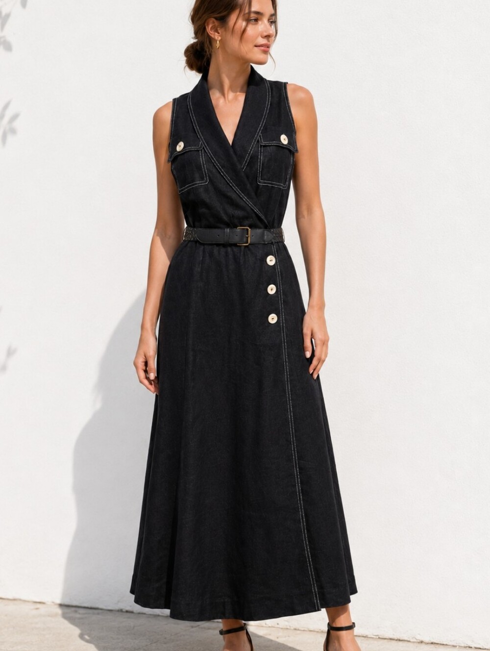 David Warren Vintage 100% Linen Belted Wrap Maxi Dress Black Size 6